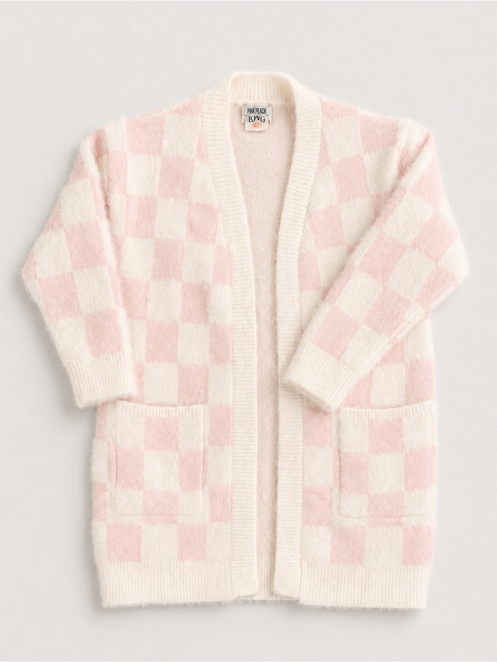 Mia Belle Girls Pink White Checkered Fuzzy Cardigan Size 6Y